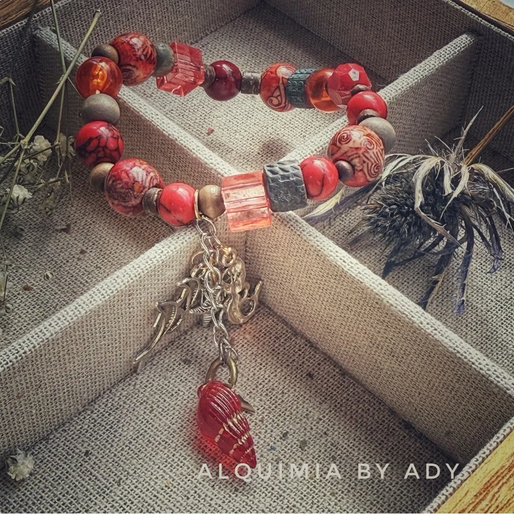 Ocean Oracle Fringe Bracelet – Red Turquoise, Crystal, Wood & Coastal Charms • G - Picture 3 of 4